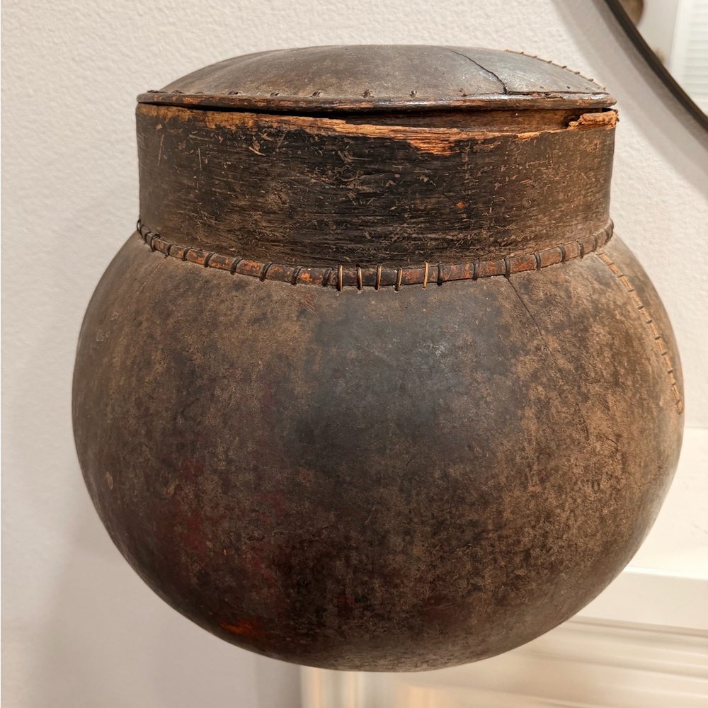 Antique Hand-Stitched Leather Covered Vessel Jar with Lid